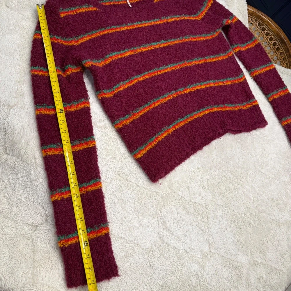 Free People Alpaca Blend Sweater Womens M Burgundy Striped Boucle Boho Pullover